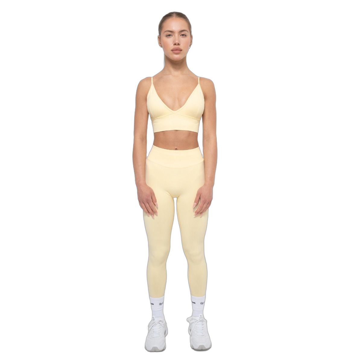 Damen Leggings und Sport-BH in Buttergelb, hohe Taille.