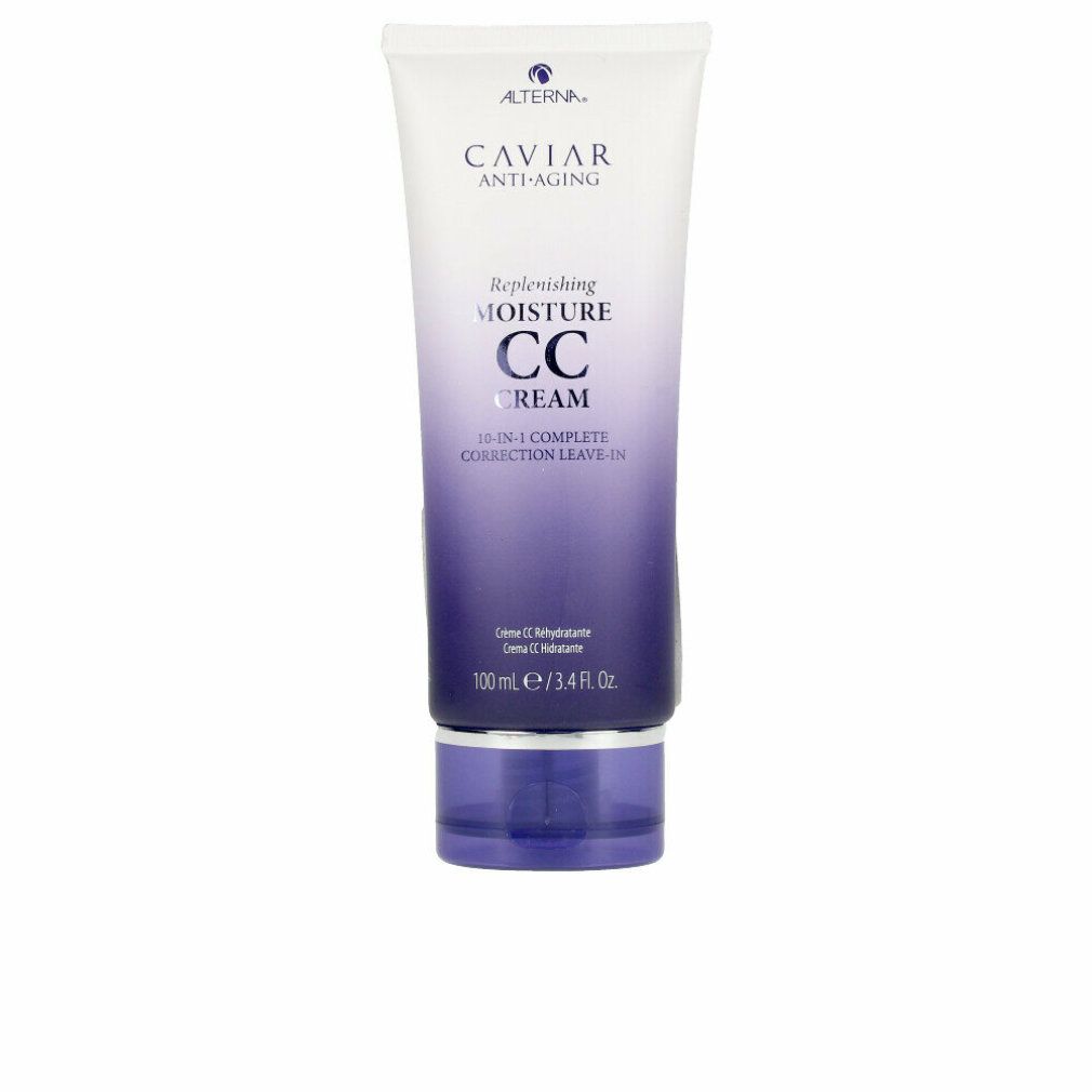 Tube mit CC Cream. Weiß-lila Farbverlauf. Beschriftung: Caviar Anti-Aging, Replenishing Moisture CC Cream. 10-in-1.