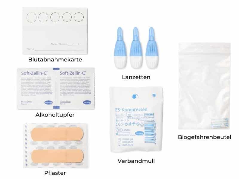 Blutentnahmekarte, Lanzetten, Alkoholtupfer, Pflaster, Verbandmull, Biogefahrenbeutel. Komponenten für den Test.