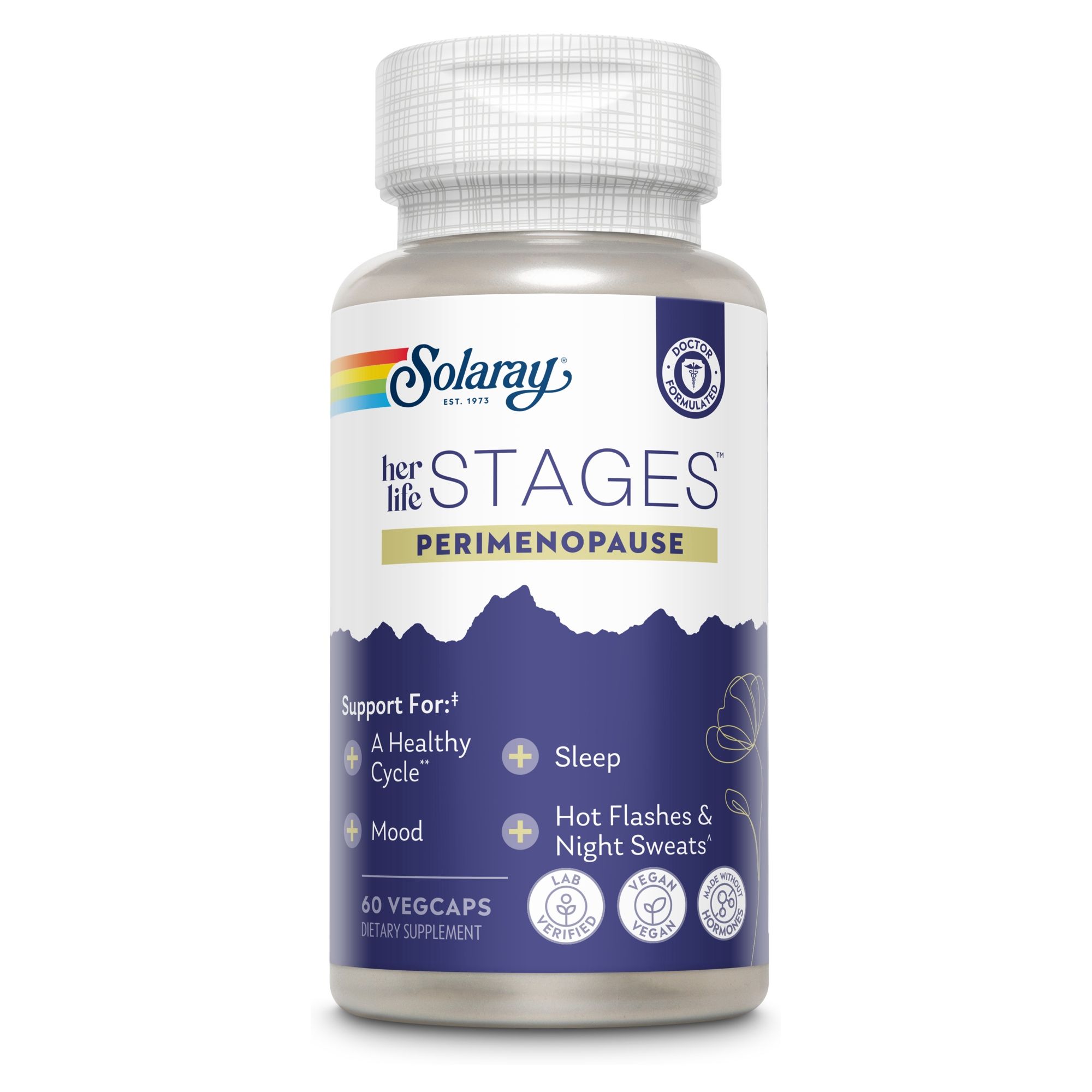Solaray Stages Perimenopause-Kapseln. Weiße Flasche mit blauem Etikett. 60 Vegcaps. Text: Für gesunden Zyklus, Stimmung, Hitzewallungen, Schlaf.