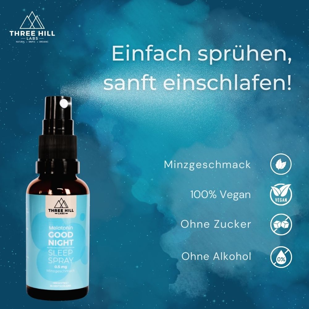 Braune Flasche mit blauem Etikett. Aufschrift: Good Night Sleep Spray. Sprühstoß. Text: Minzgeschmack, 100% Vegan, ohne Zucker, ohne Alkohol.