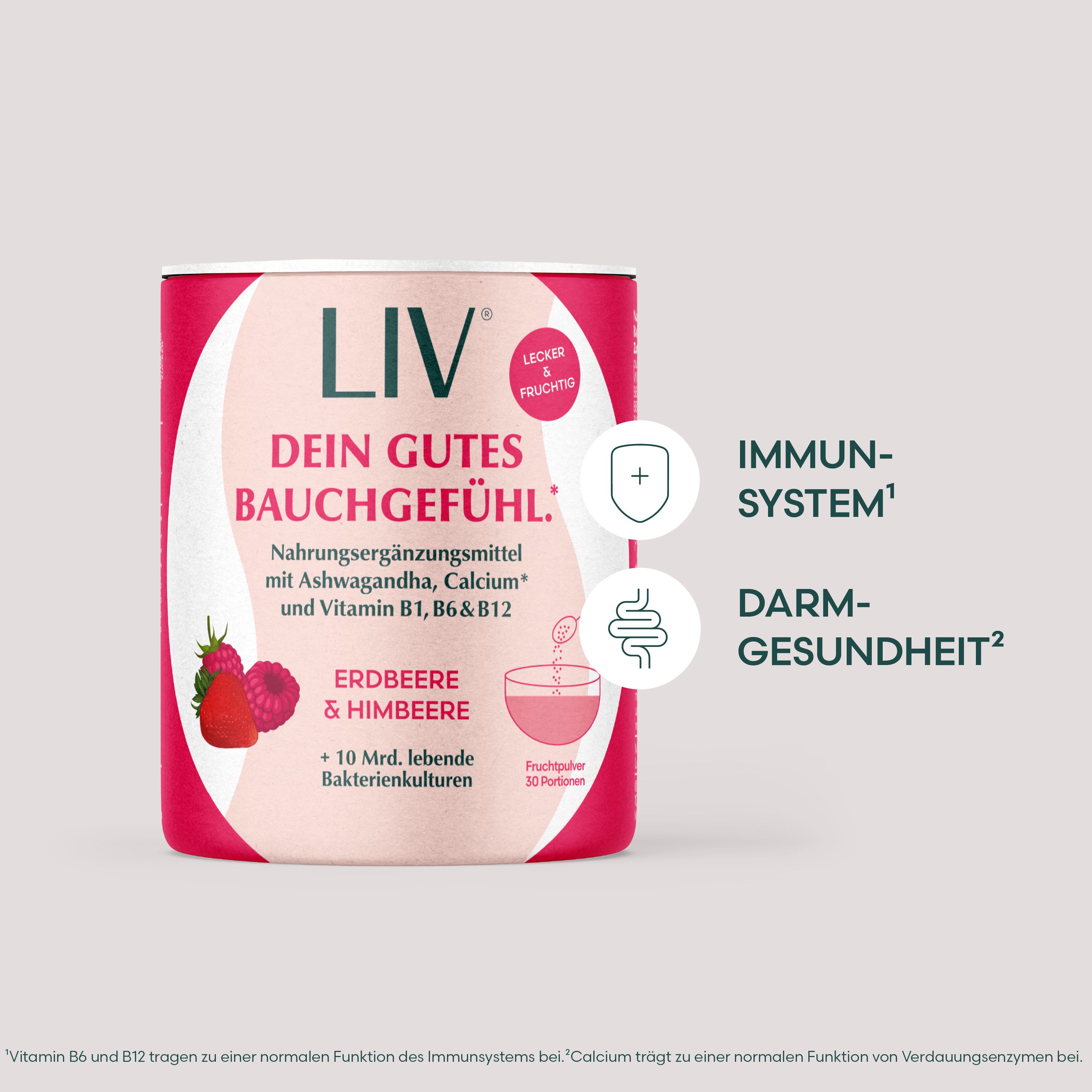 Runde Dose mit Produktaufschrift und Illustrationen von Himbeeren und Erdbeeren. Text: Dein gutes Bauchgefühl, Erdbeere & Himbeere.