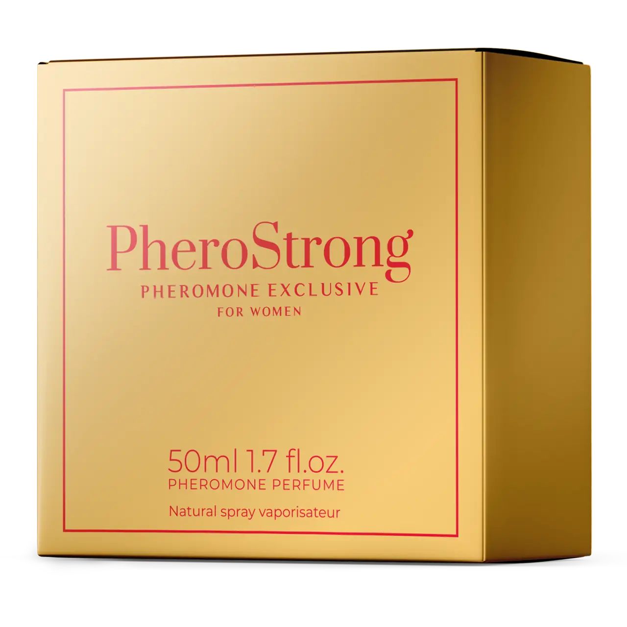 Goldfarbene Verpackung mit roter Schrift. Text: PheroStrong Pheromone Exclusive für Frauen. 50ml 1.7 fl.oz.