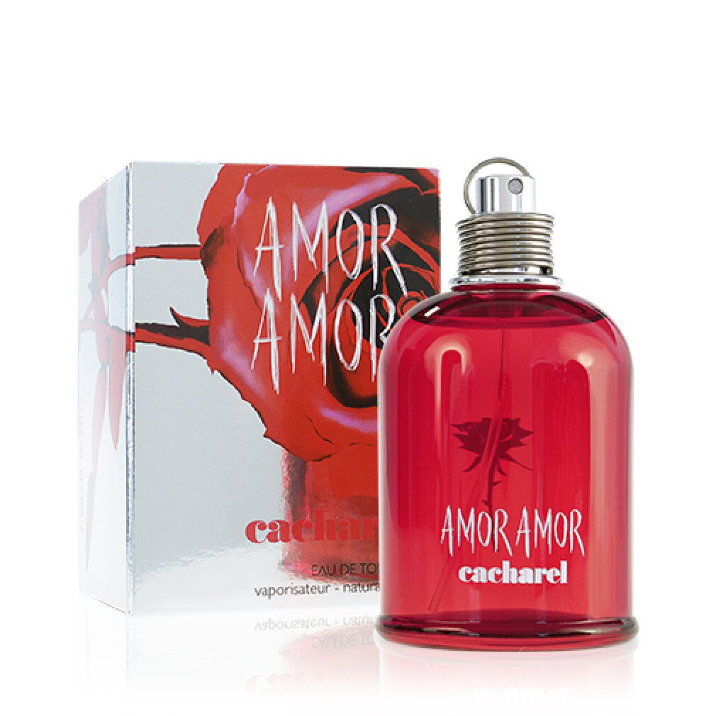 Roter Flakon und Schachtel. Aufschrift AMOR AMOR und Cacharel. Eau de Toilette.