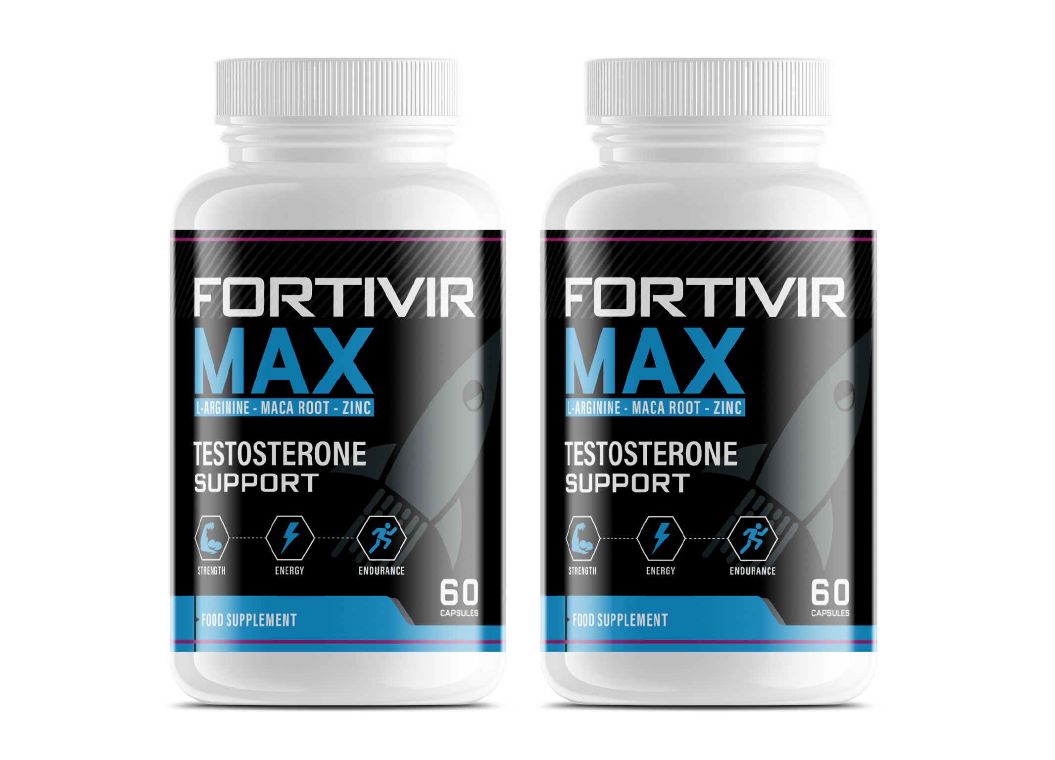 Zwei Flaschen FORTIVIR MAX Testosteron-Unterstützung Kapseln mit Maca-Wurzel und Zink.