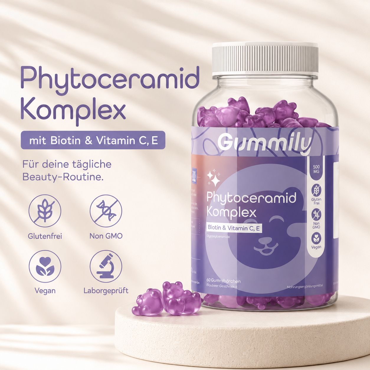 Gummily Phytoceramid Komplex Gummibärchen mit Symbolen für Glutenfrei, Non GMO, Vegan und Labor geprüft.
