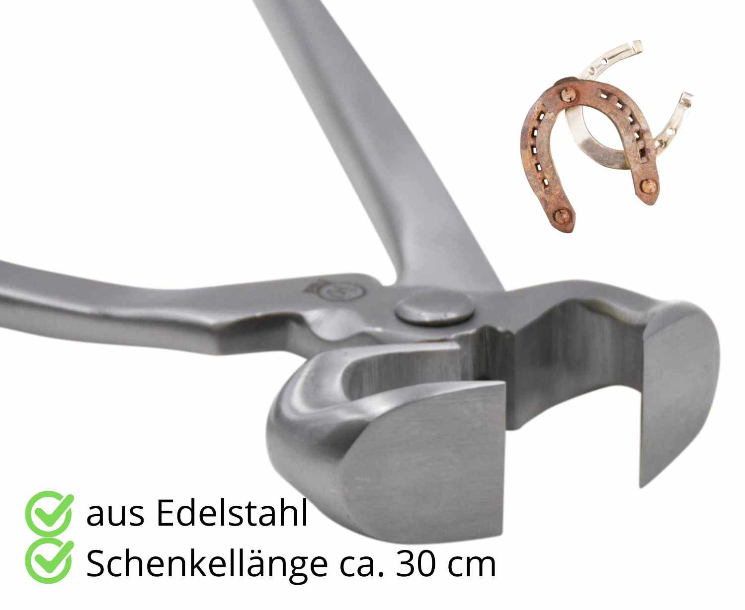 Hufschneidezange aus Edelstahl. Text: "aus Edelstahl", "Schenkellänge ca. 30 cm". Hufeisen im Hintergrund.