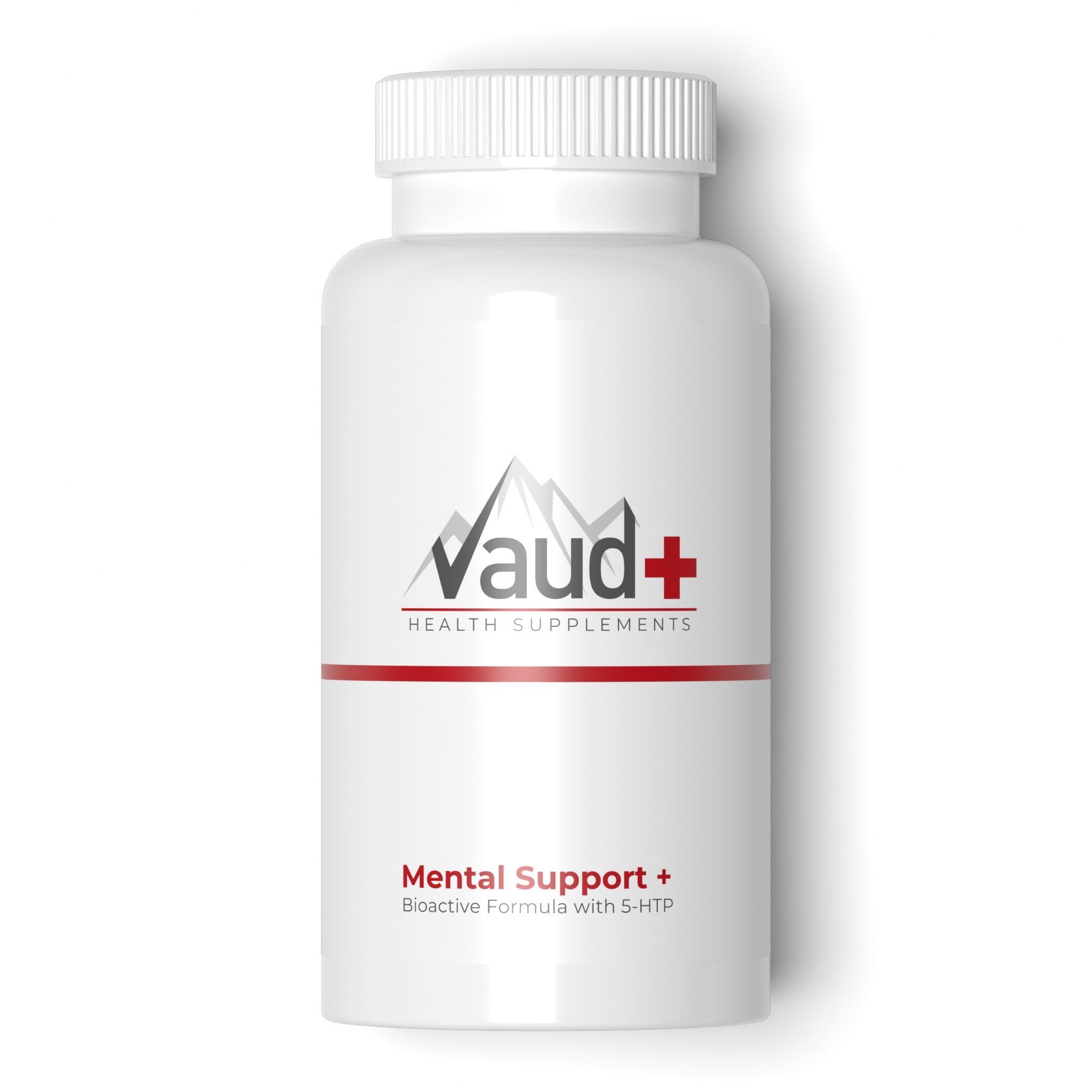 Vaud+ Health Supplements Flasche mit "Mental Support" Etikett.