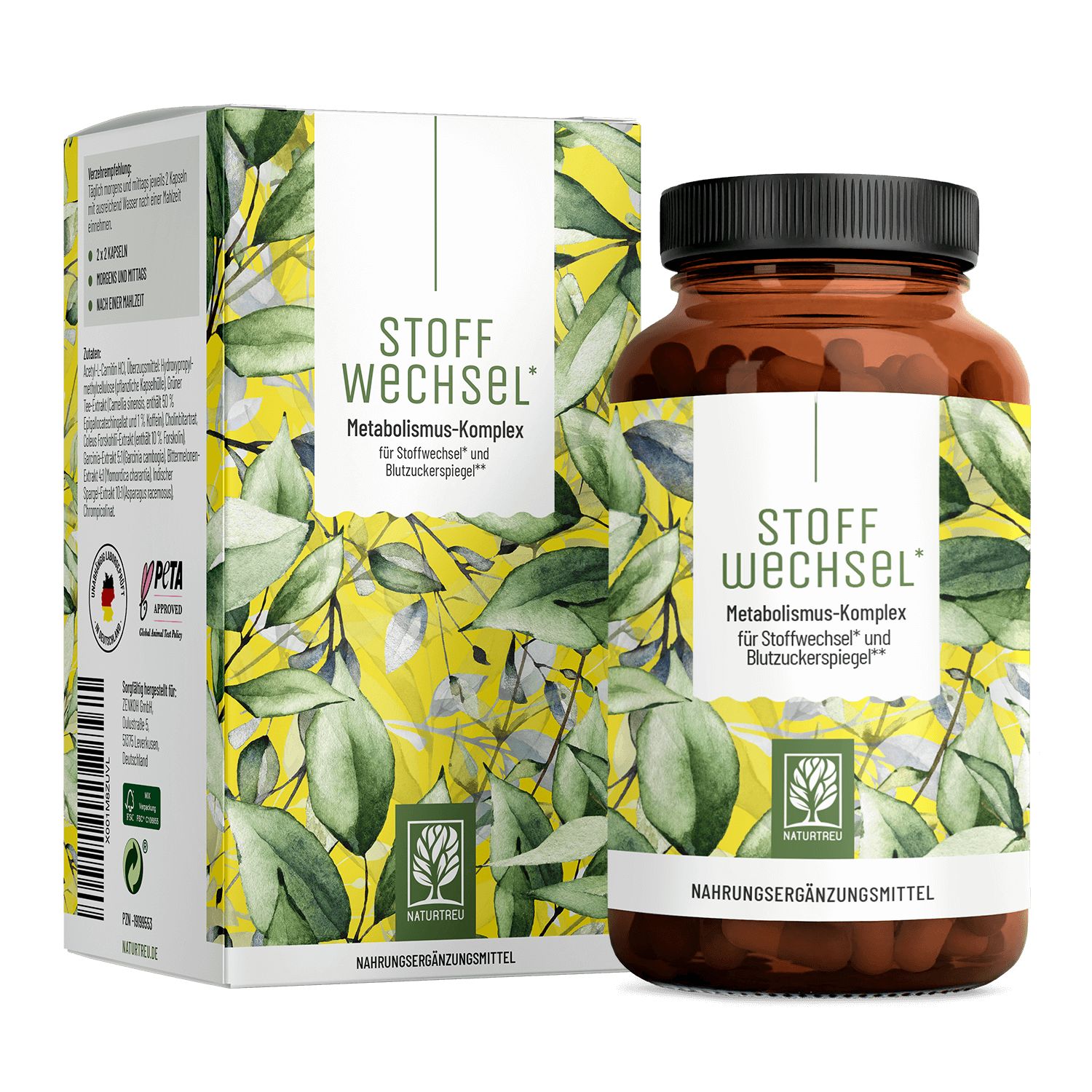 Braune Flasche und Schachtel mit Produktaufschrift. Aufschrift: Stoffwechsel. Mit L-Carnitin und grünem Tee-Extrakt.
