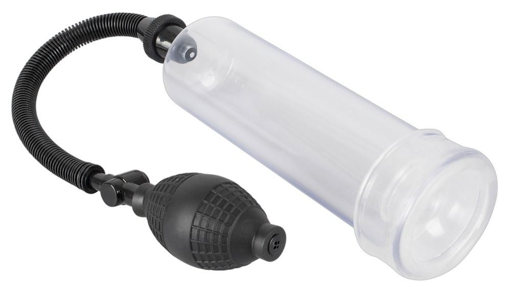 Transparenter Zylinder mit schwarzem Schlauch und Pumpe. Die Pumpe ist birnenförmig. Der Zylinder ist leicht geneigt.