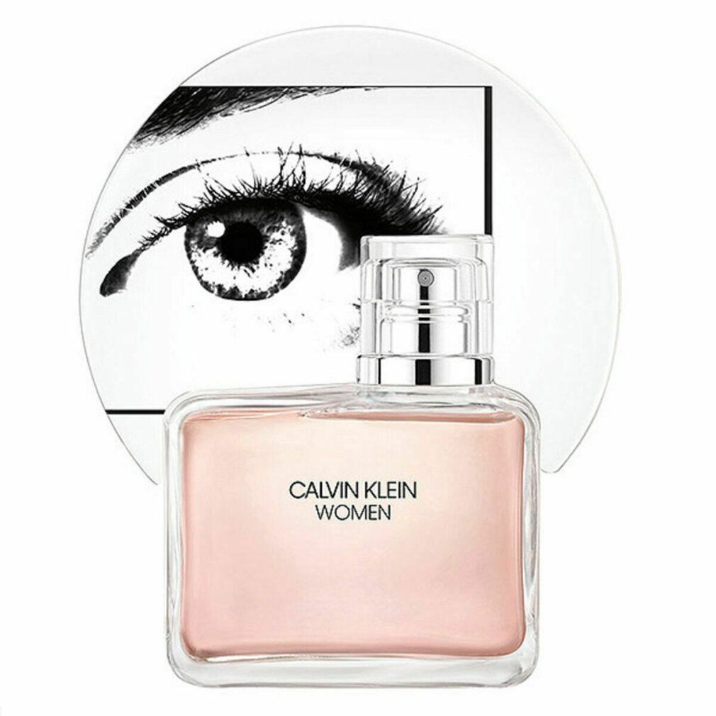 Rechteckiger Flakon mit rosa Flüssigkeit. Aufschrift: CALVIN KLEIN WOMEN. Hintergr.: Auge auf weißem Kreis.