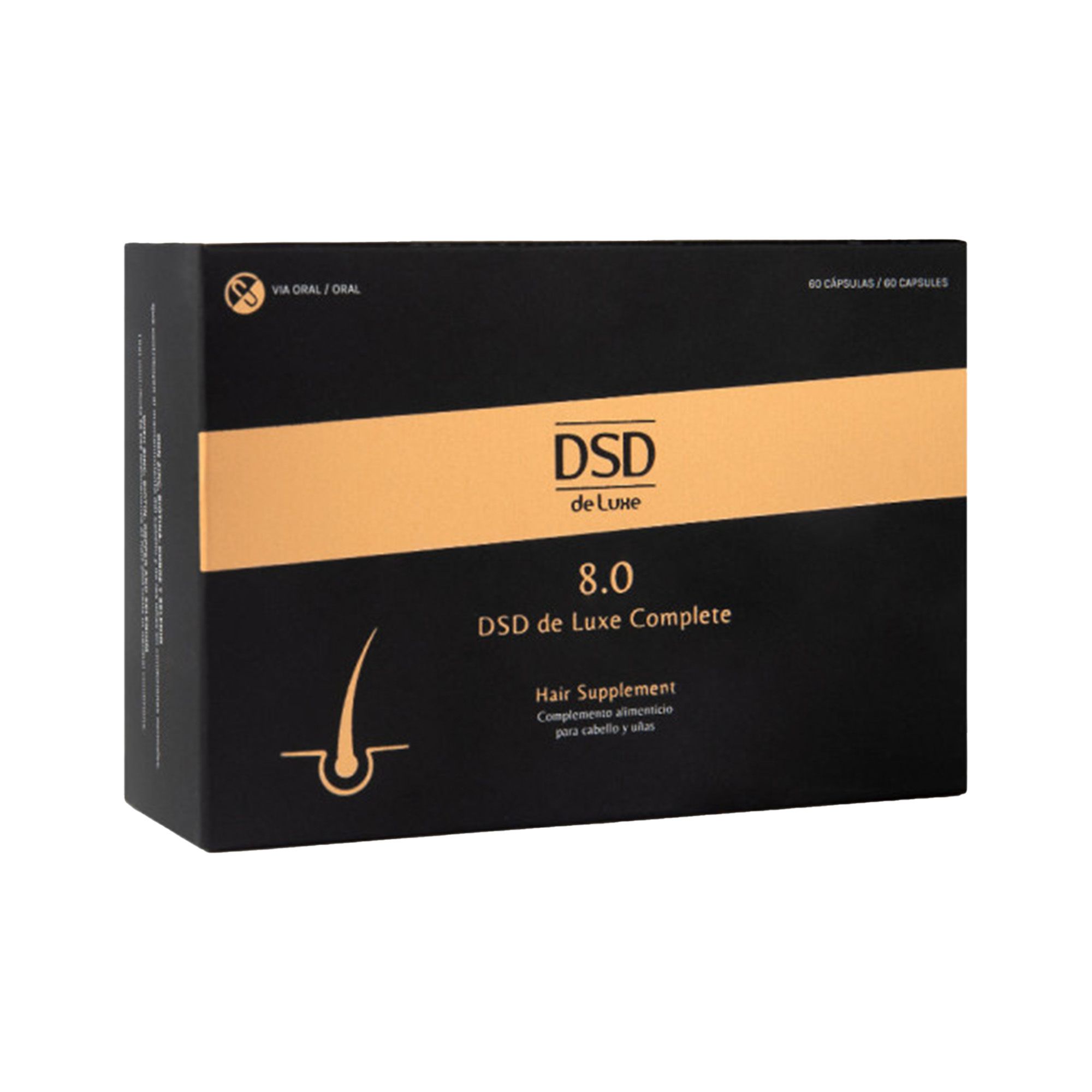 Schwarze Verpackung mit goldfarbenem Streifen. Aufschrift: DSD de Luxe, 8.0 DSD de Luxe Complete, Hair Supplement. 60 Kapseln.