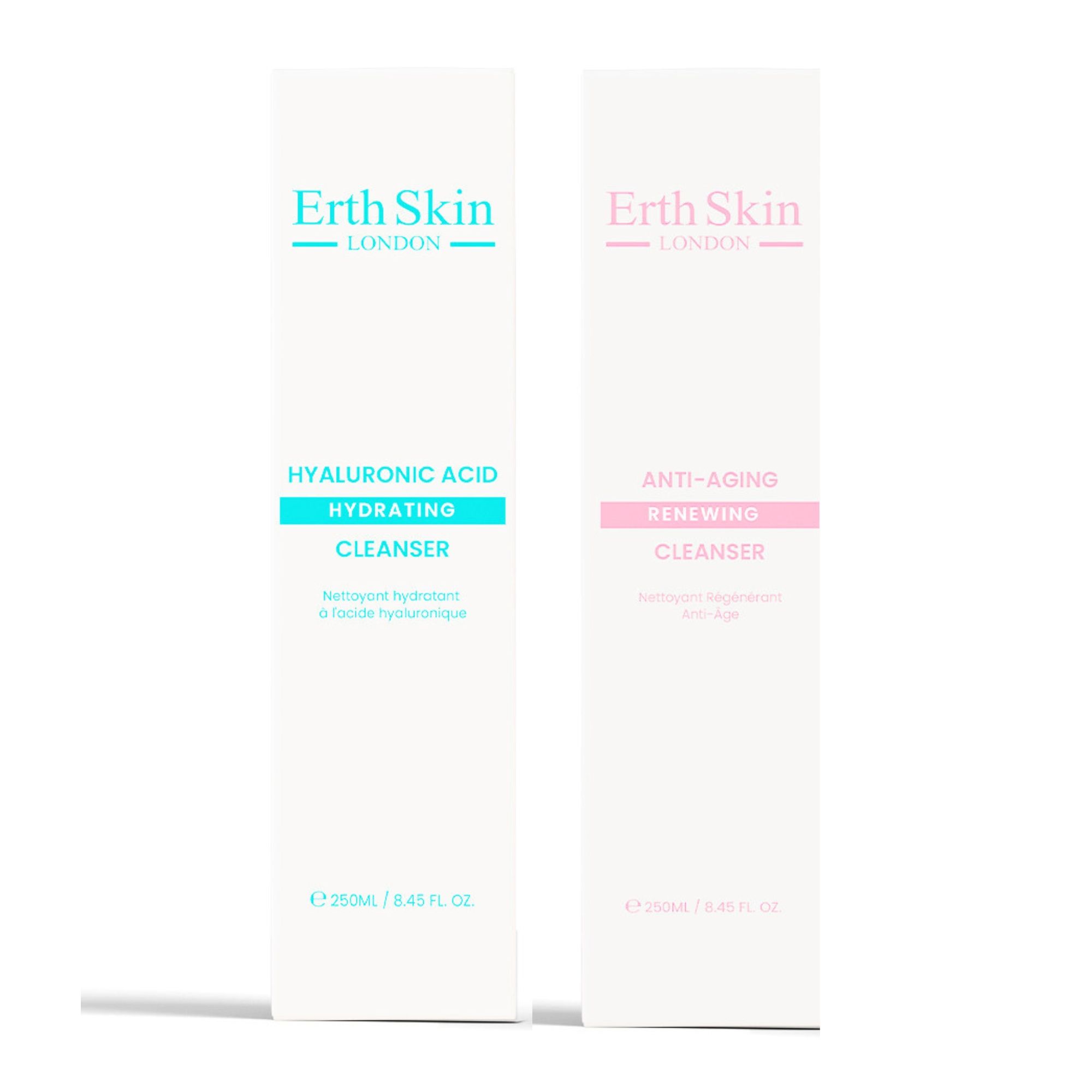 Zwei Produktverpackungen. Aufschrift: Erth Skin London. Eine Verpackung blau, eine rosa. Aufschrift: Hyaluronsäure, Anti-Aging.
