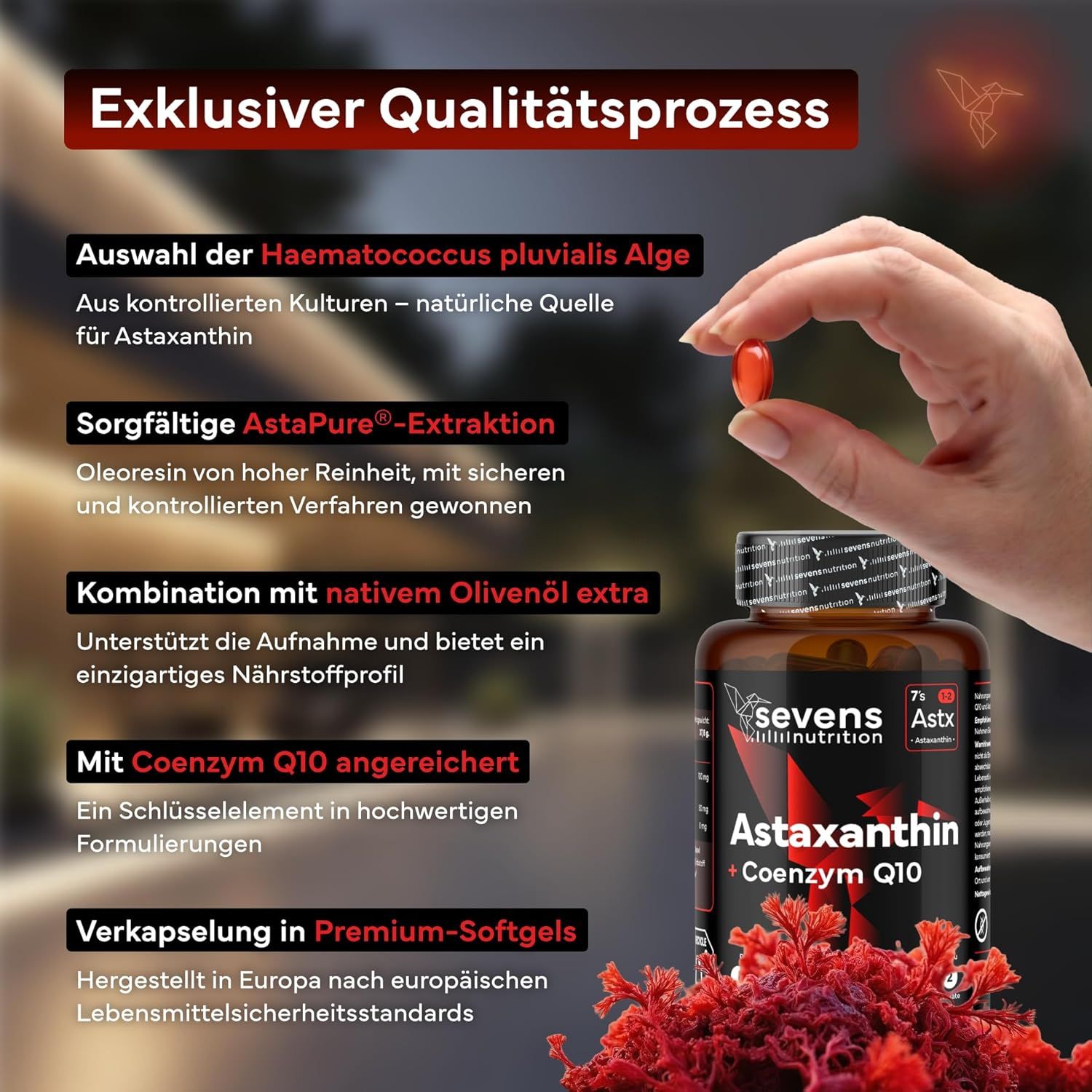 Hand zeigt Astaxanthin-Kapsel. Informationen über Inhaltsstoffe und Herstellung.