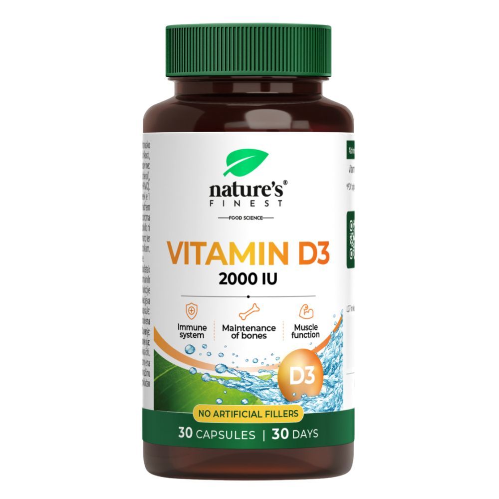 Flasche Nature's Finest Vitamin D3 2000 IU, 30 Kapseln.