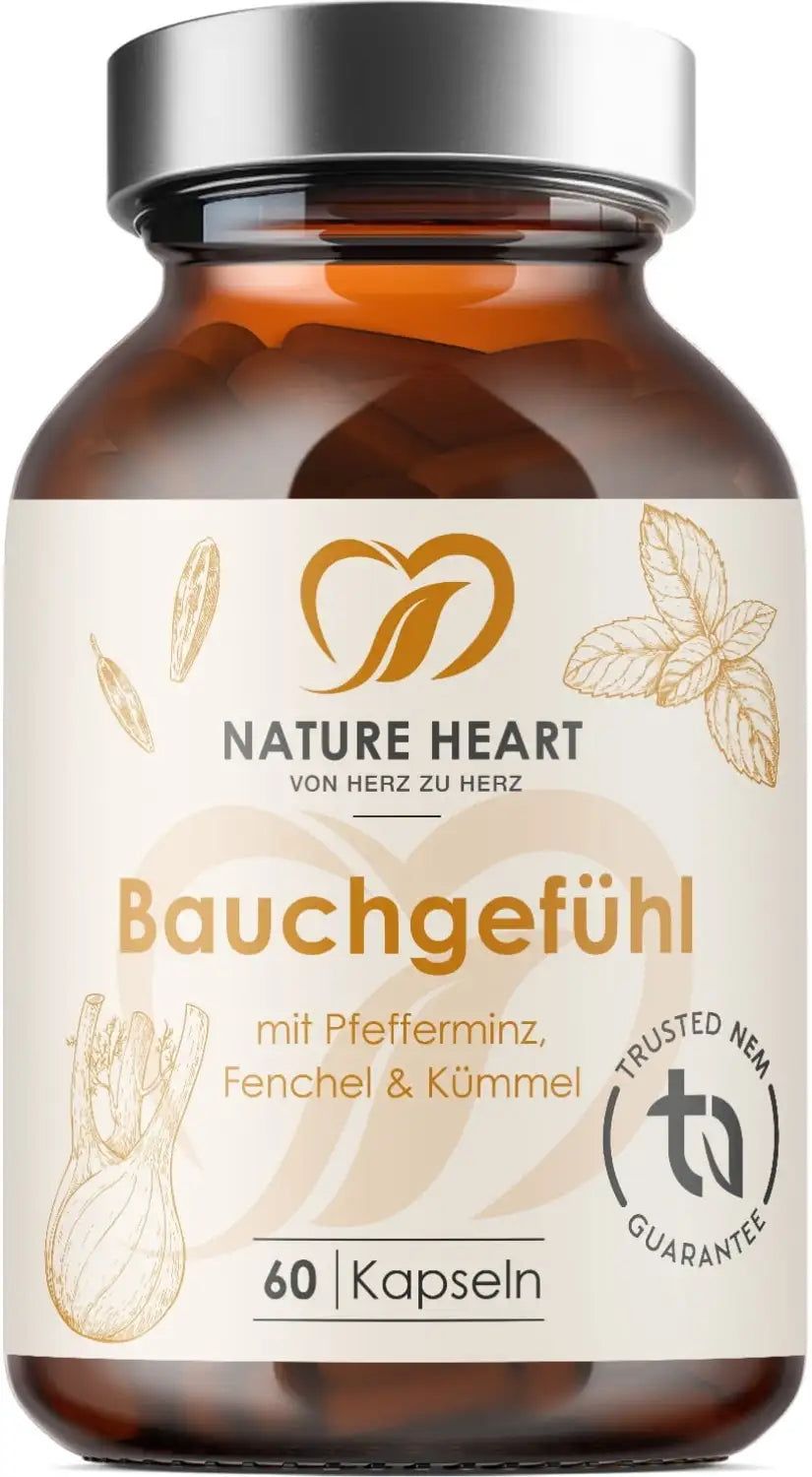 Braune Kapsel-Dose mit weißem Etikett. Aufschrift: Bauchgefühl, Nature Heart. 60 Kapseln. Trusted NEM Garantie.