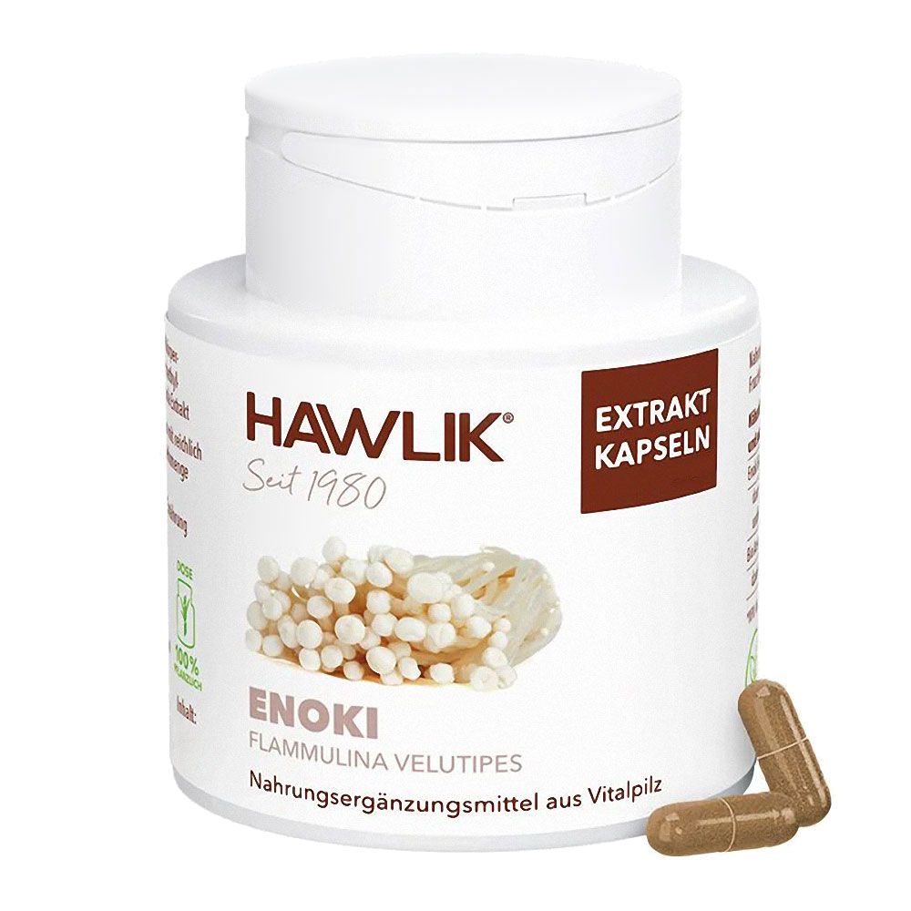 Weiße Dose mit braunen Kapseln. Aufschrift: HAWLIK, ENOKI, Extrakt Kapseln. Abbildung von Pilzen.