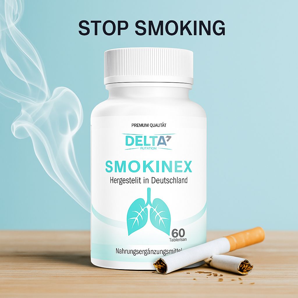 Weiße Flasche mit Aufschrift SMOKINEX, DELTA7 NUTRITION. 60 Tabletten. Zigarette und Rauch im Hintergrund. Text: STOP SMOKING.