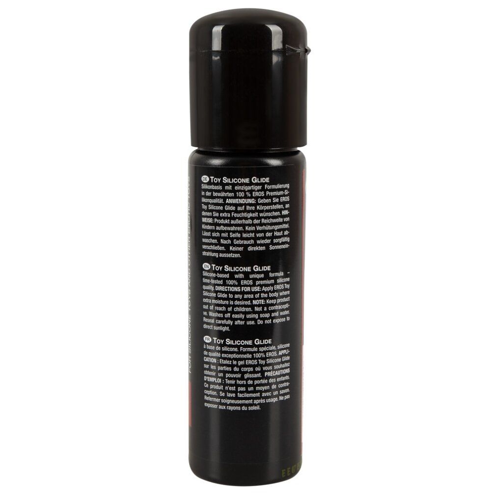 Schwarze Flasche mit Klappverschluss. Text: Toy Silicone Glide. Produktinformationen in mehreren Sprachen.