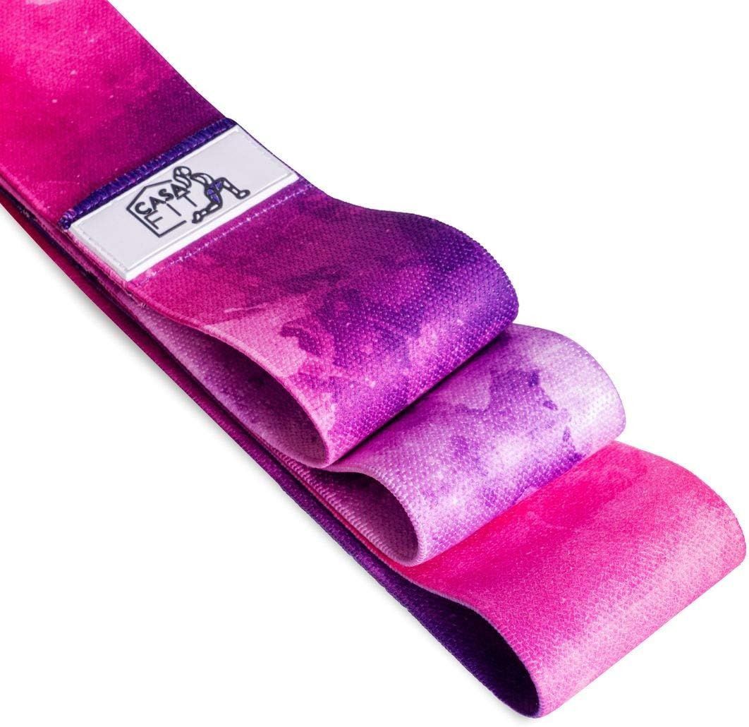 Drei CASAFIT Hip Bands. Rosa-lila Farbverlauf. CASAFIT Logo auf den Bändern.