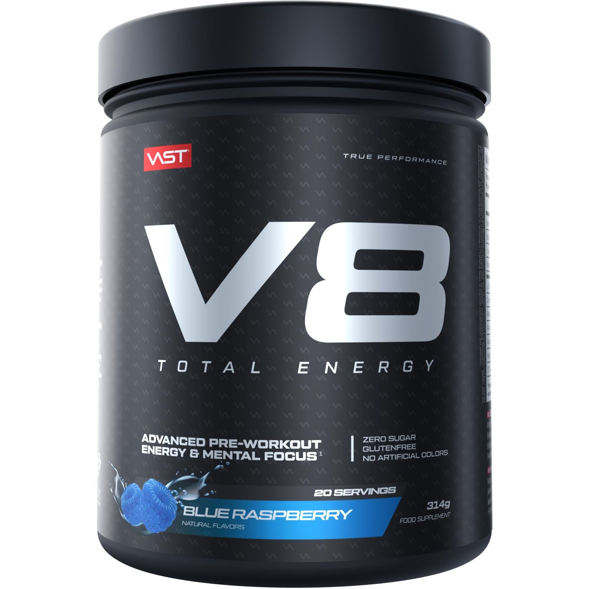 Schwarze Dose mit V8 Total Energy. Aufschrift: Blue Raspberry, 20 Portionen, ohne Zucker, glutenfrei, keine künstlichen Farbstoffe.