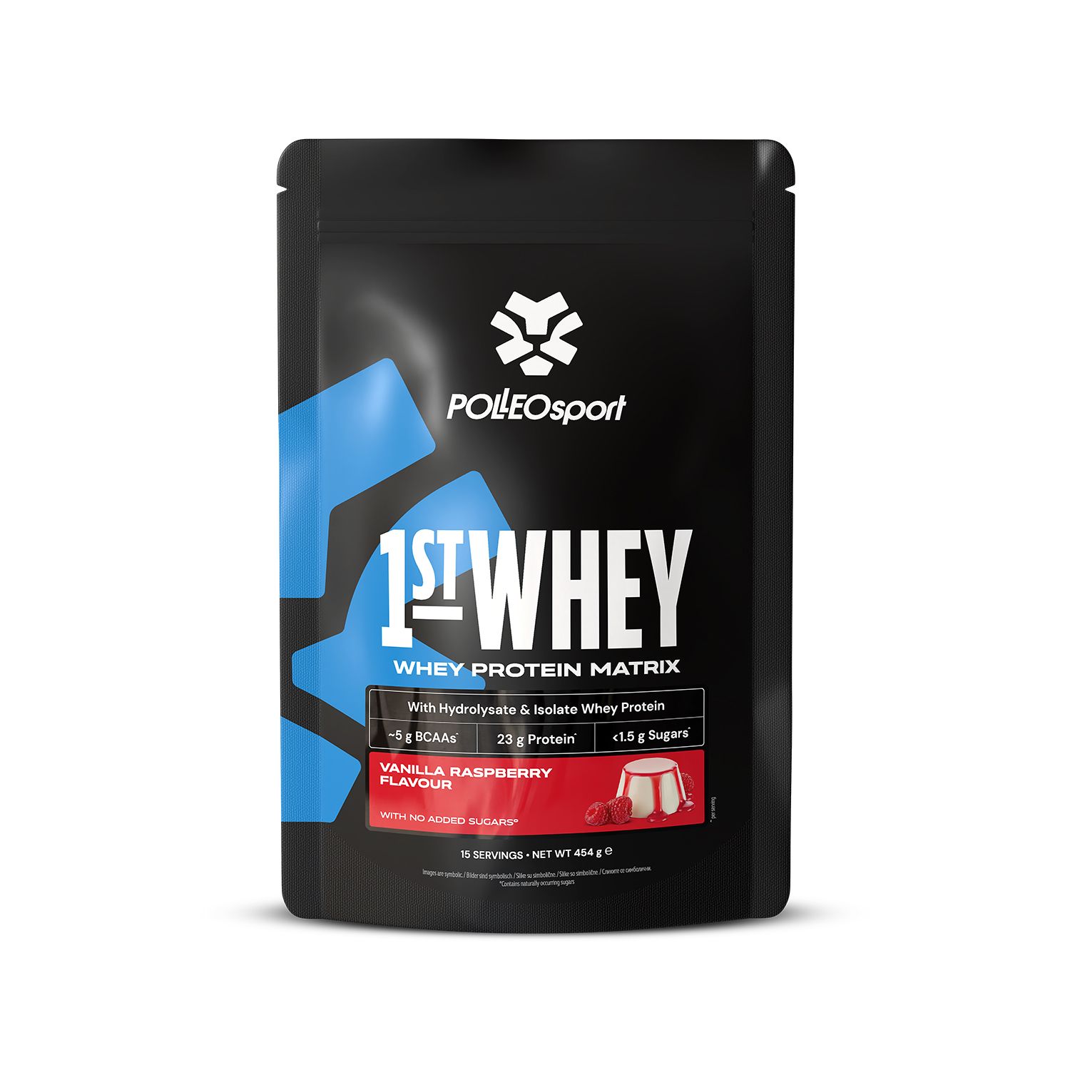 Schwarze Tüte "1ST:WHEY" mit Himbeer-Vanille-Geschmack. Enthält Whey Protein Matrix. Marke: PolleoSport. 454g.