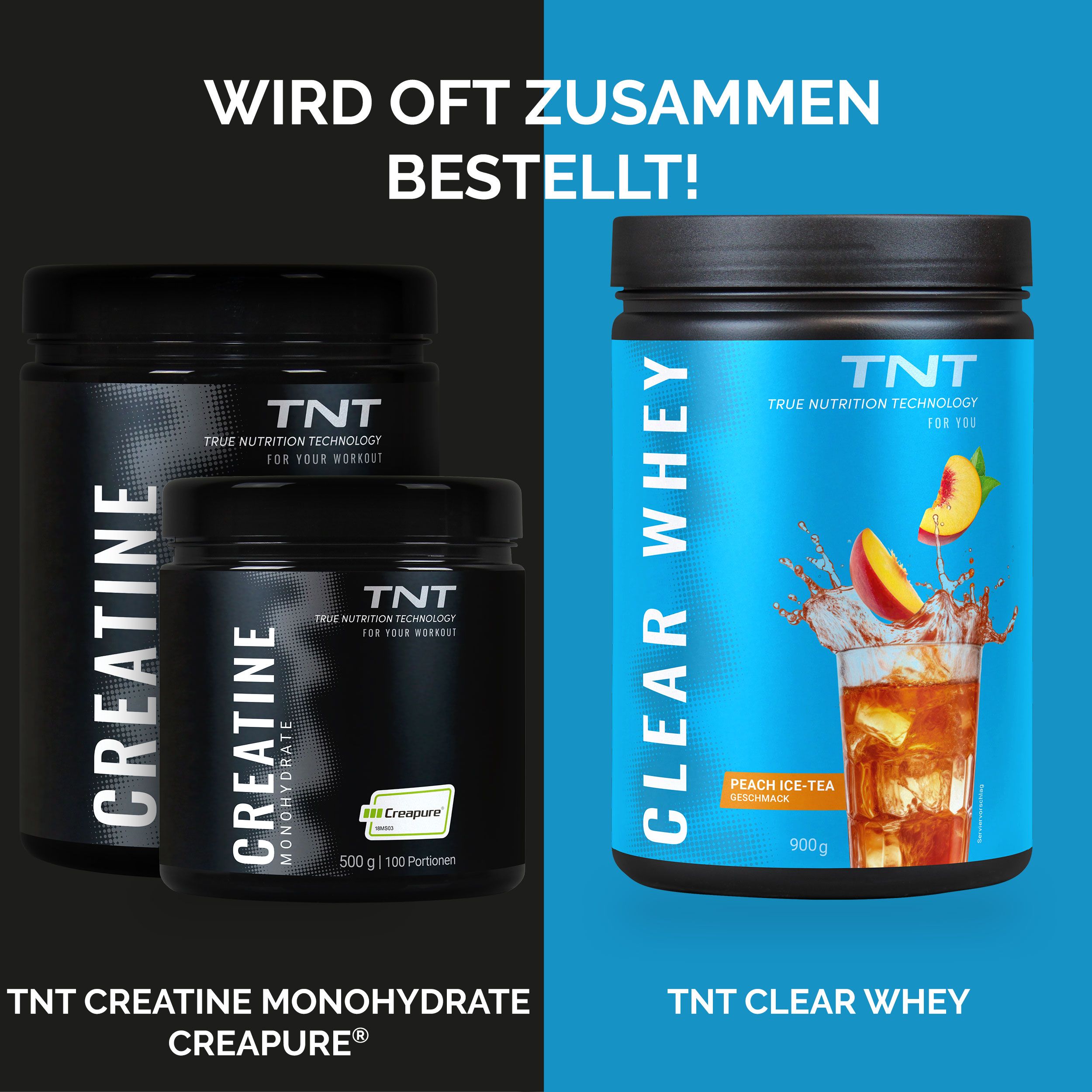 Zwei Produkte: TNT Creatine Monohydrate und TNT Clear Whey. Text: Wird oft zusammen bestellt! 500g | 100 Portionen und 900g.