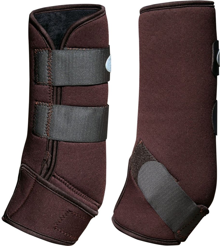 Braune Sehnenschoner mit Klett- und Klettverschlüssen. Schwarze Riemen. Innenfutter. Zwei Ansichten.