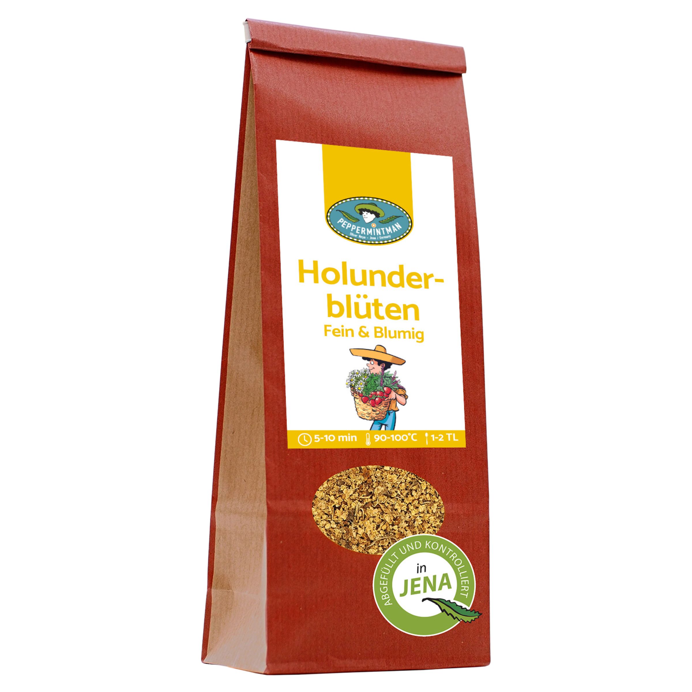 Braune Papiertüte mit Produktetikett. Aufschrift: Holunderblüten, Fein & Blumig. Sichtfenster mit Blüten. Siegel 'in Jena'.
