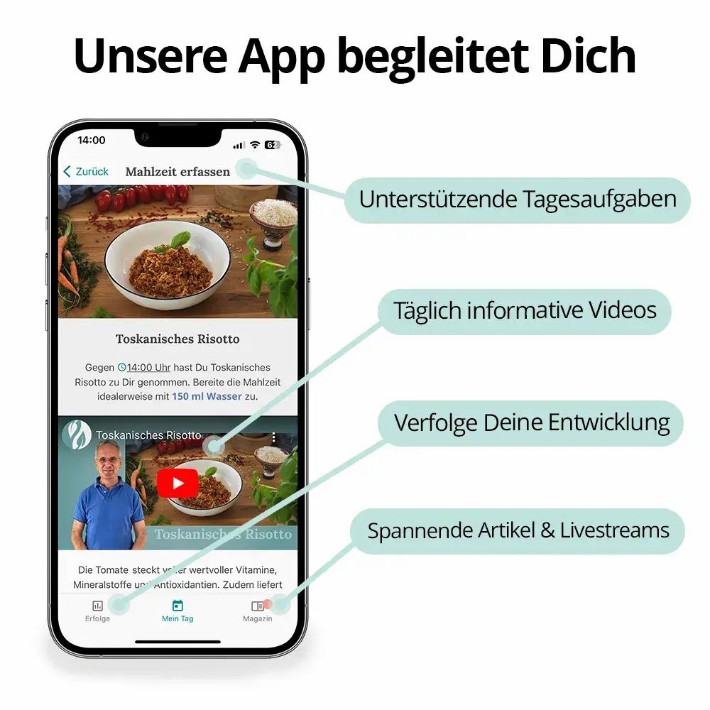 Smartphone-App mit Menü. Zeigt Informationen zu Mahlzeiten, Videos und Artikel. App-Oberfläche mit Text.