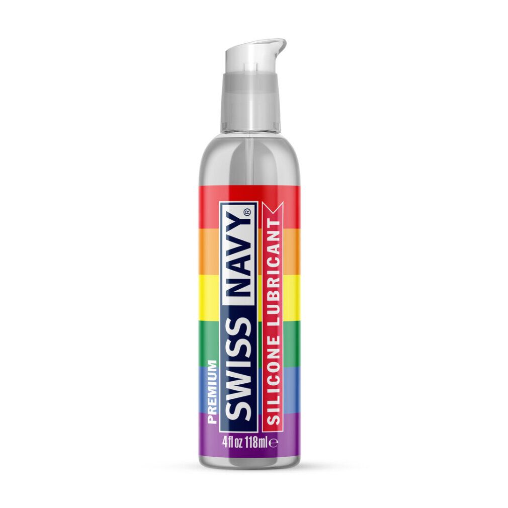 Silikon-Gleitmittel in transparenter Flasche mit Pumpspender. Regenbogen-Design auf dem Etikett.