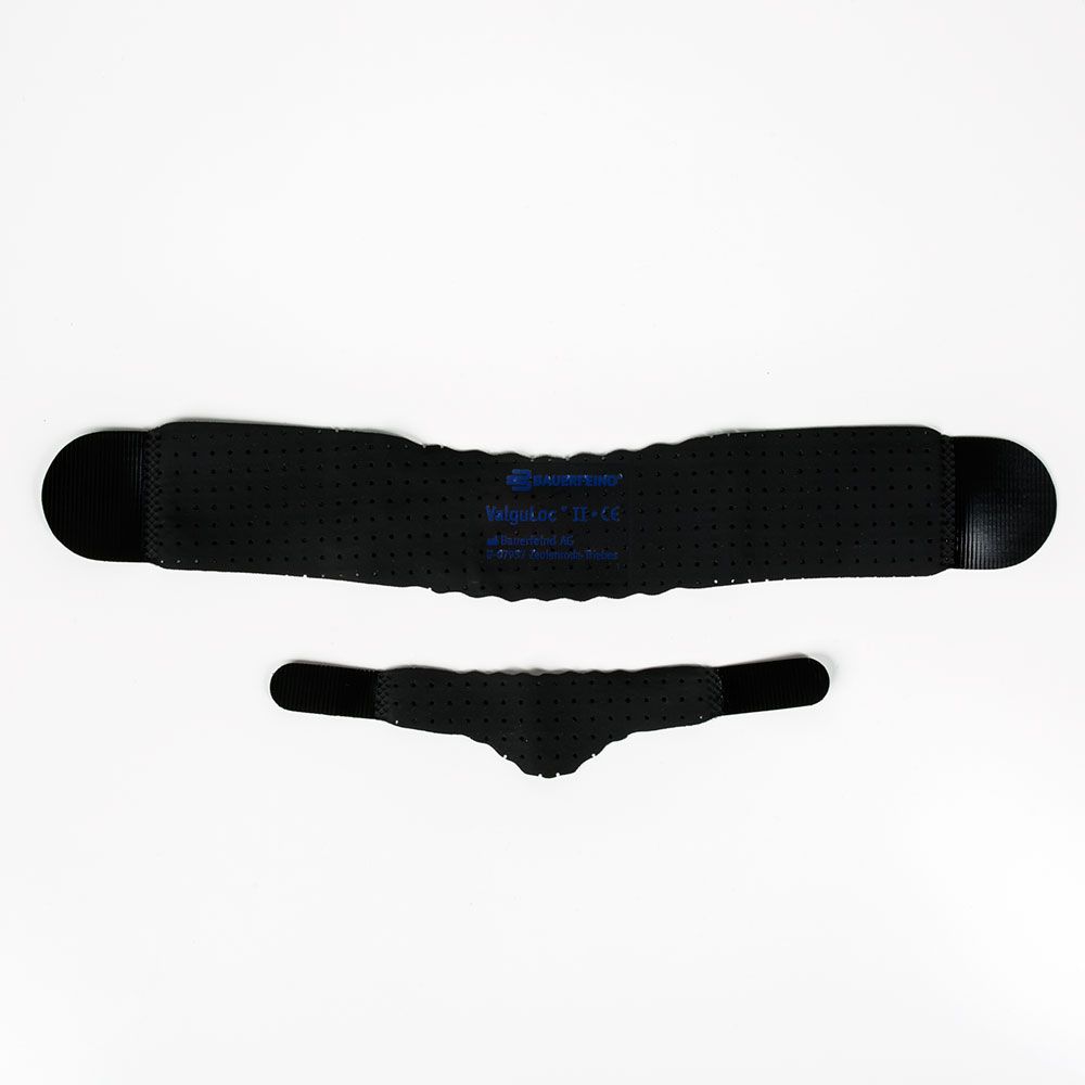 Zwei schwarze Riemen. Der größere Riemen trägt die Aufschrift VALGULOC II / CE in Blau.