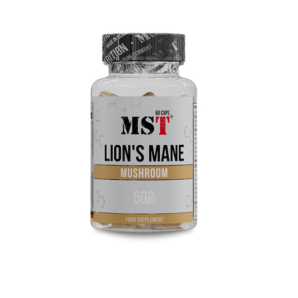 Klare Flasche mit Kapseln. Aufschrift: MST Lion's Mane Mushroom, 50mg. 60 Kapseln. Deckel mit Aufschrift: Made in Germany.