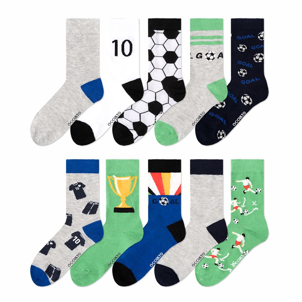 10 Paar Socken mit Fußballmotiven. Graue, weiße, grüne und blaue Socken mit Fußball- und Tor-Designs. Marke Occulto.