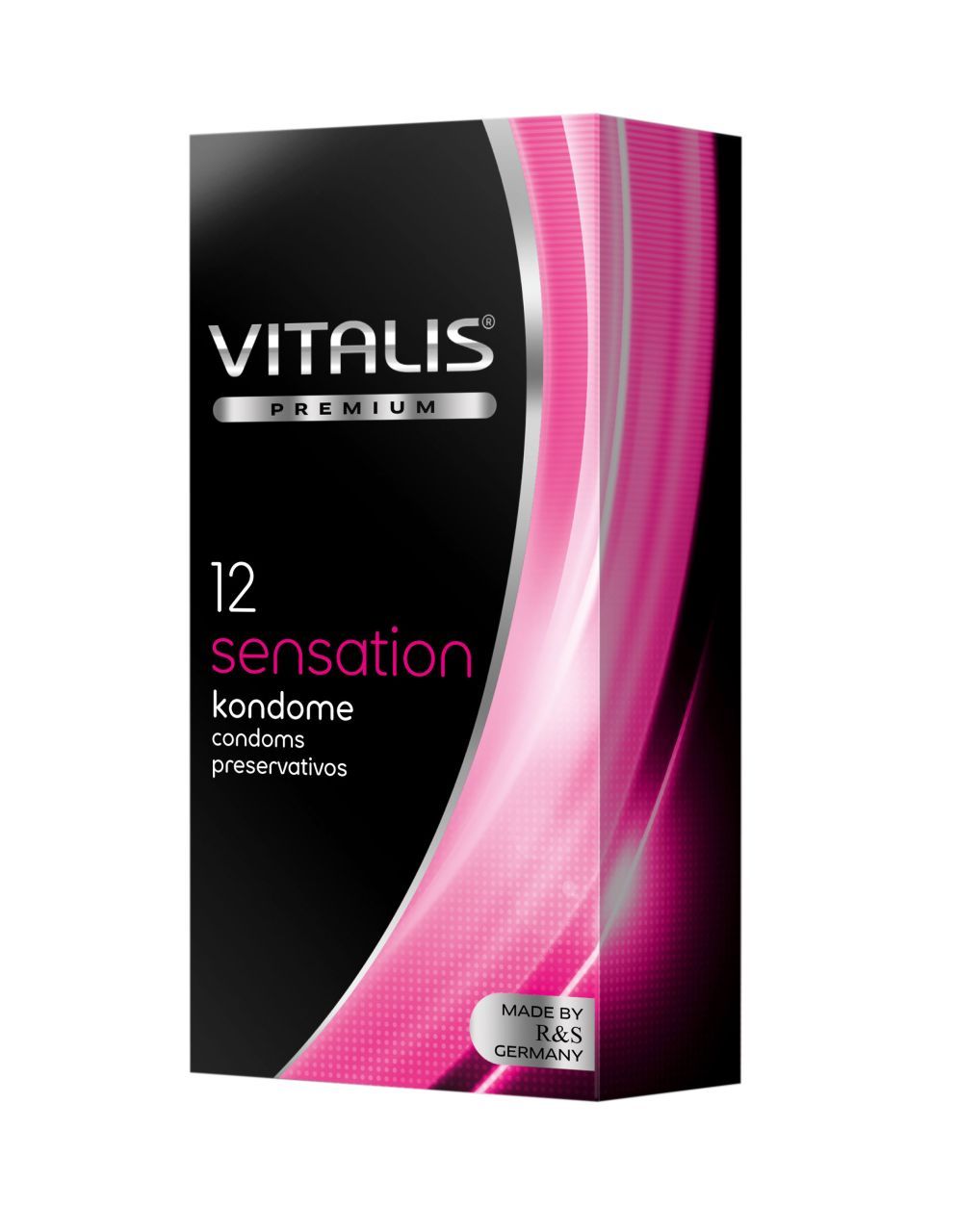 Schwarze Schachtel Vitalis Premium Sensation. 12 Kondome. Rosa Akzent. Text in Englisch, Deutsch, Spanisch. Hergestellt in Deutschland.