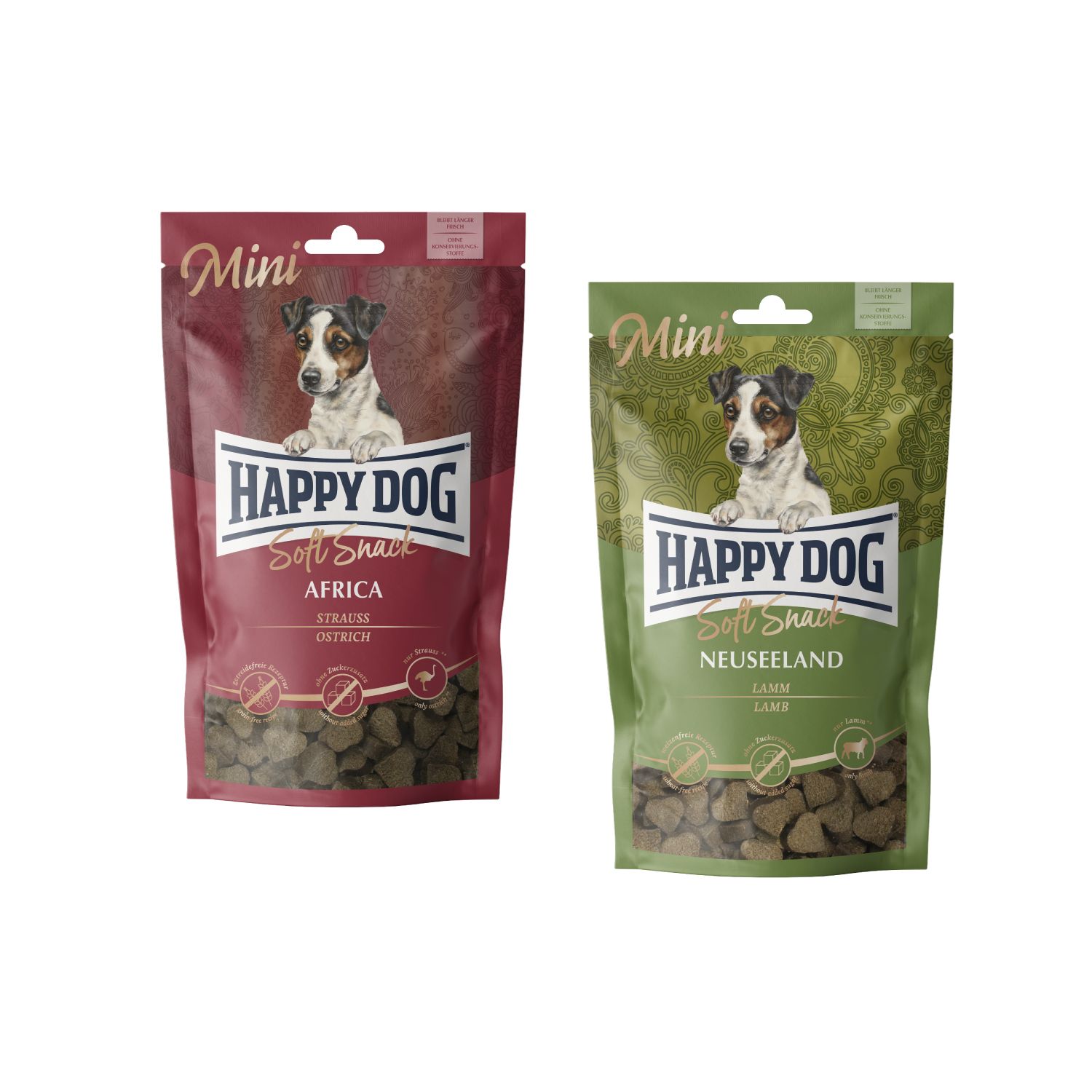 Zwei Beutel Happy Dog Soft Snack Mini. Aufschrift: Happy Dog, Soft Snack, Africa, Strauß, und Neuseeland, Lamm. Hundeabbildung.