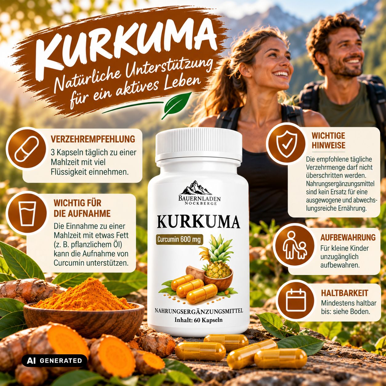 Flasche mit Kurkuma-Nahrungsergänzungsmitteln, mit Etikett 'BAUERNLADEN NOCKBERGE', Curcumin 600 mg.