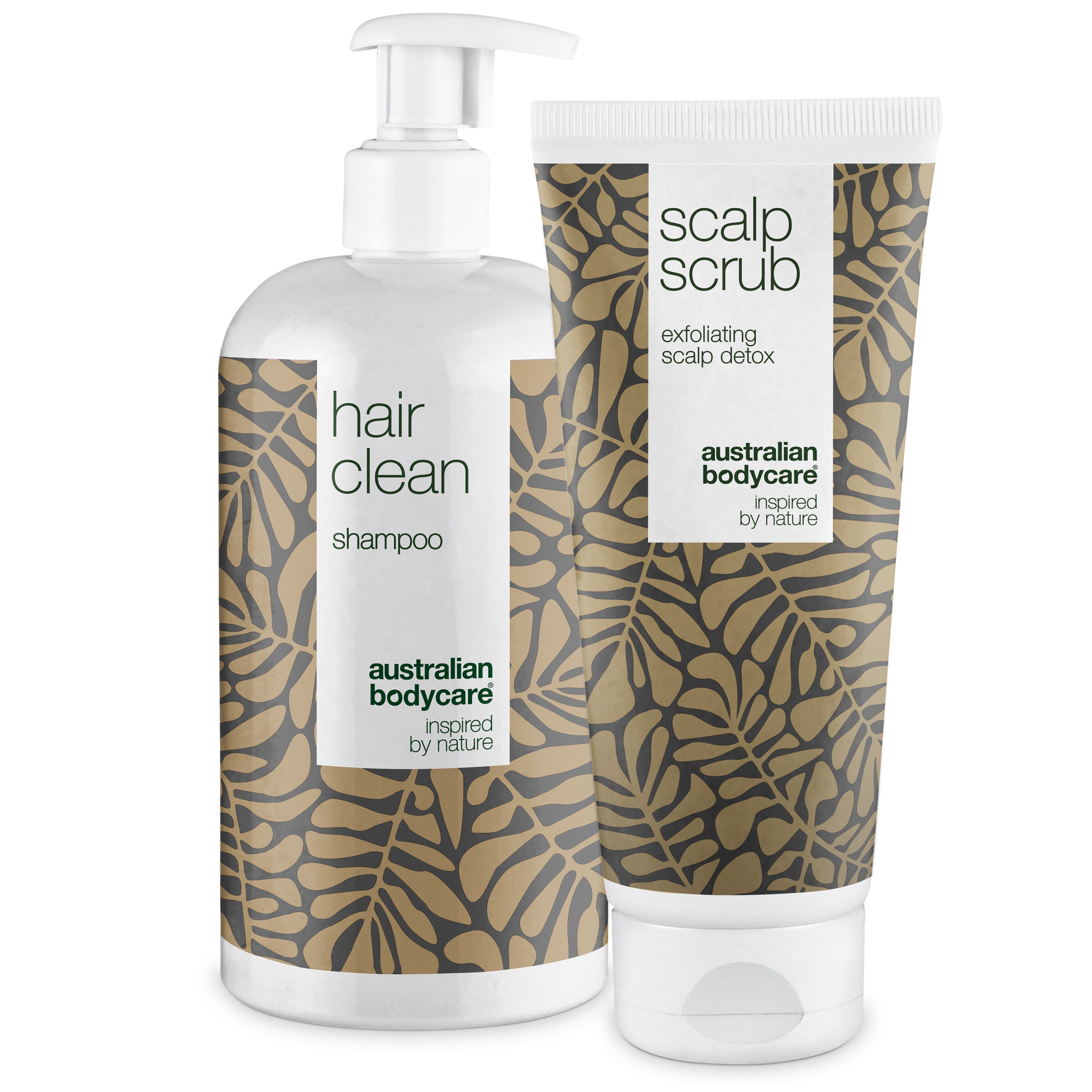 Shampoo- und Peeling-Tube. Beide mit braunem Blattmuster und weißem Deckel. Marke: Australian Bodycare.