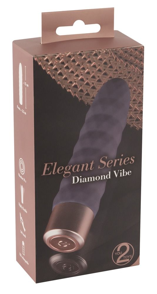 Verpackung des Elegant Series Diamond Vibe Vibrators, lila mit Rillenstruktur und goldenem Akzent.
