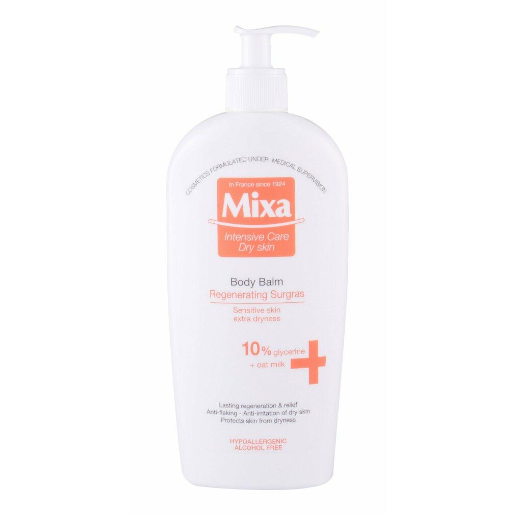 Weiße Flasche Mixa Body Balm Regenerating Surgras. Mit 10% Glycerin und Hafermilch. Pumpverschluss. Orangefarbenes Logo.