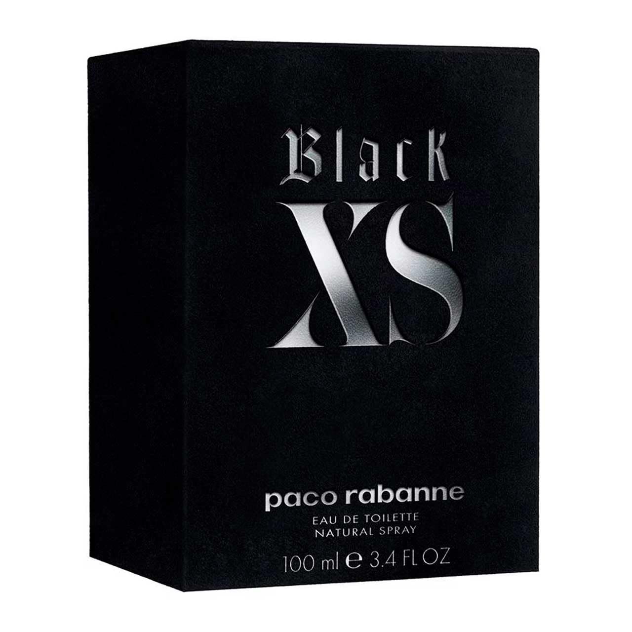 Schwarzer rechteckiger Karton. Aufschrift "Black XS" und "paco rabanne". Unten "Eau de Toilette".