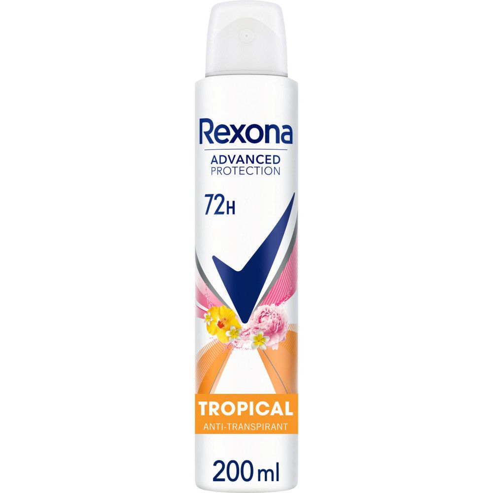 Deodorant-Spray von Rexona. Weißes Spray mit blauem Haken, Blumen und Schriftzug Tropical. 72h Schutz. 200 ml.