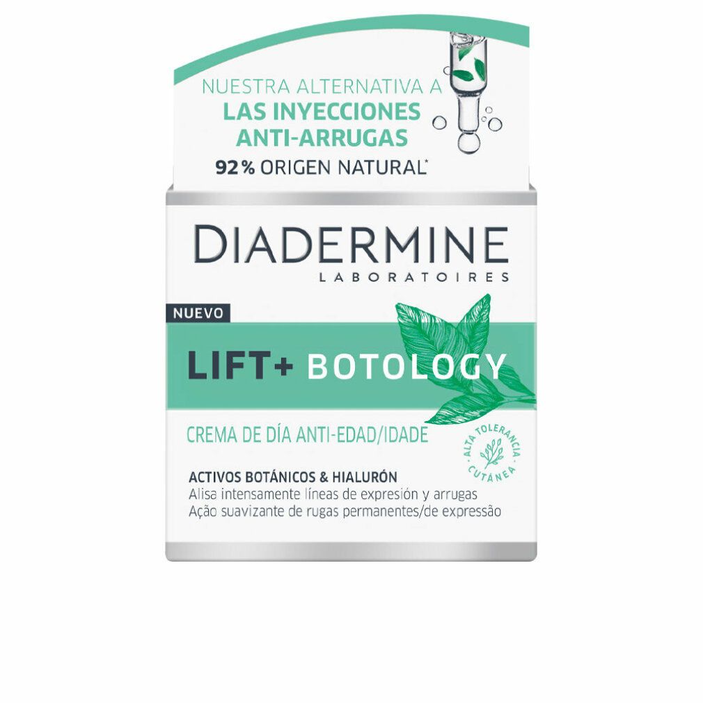 Diadermine Lift Botology Tagescreme. Weiße Verpackung mit grünen Akzenten. Text: Anti-Falten, 92% natürlichen Ursprungs, Lift+ Botology.