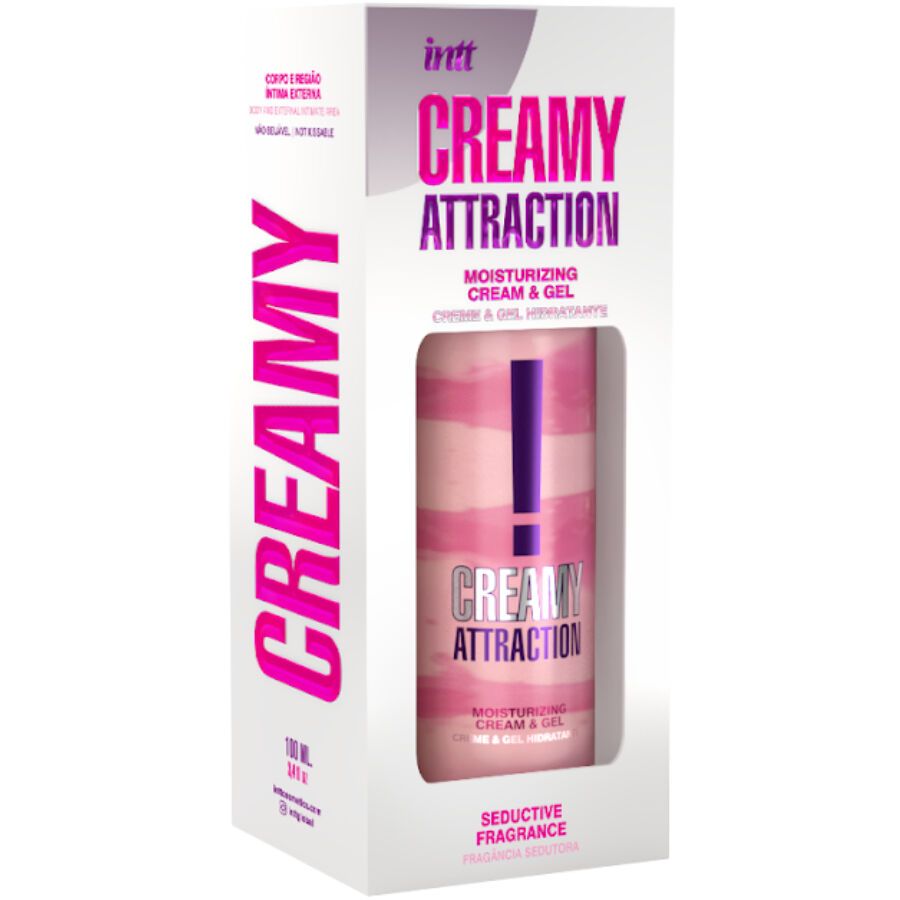 Zylinderförmige Flasche in Verpackung. Rosa-weiß gestreift, lila Ausrufezeichen, Schriftzug "Creamy Attraction". Verpackung mit Produktnamen und Logo.