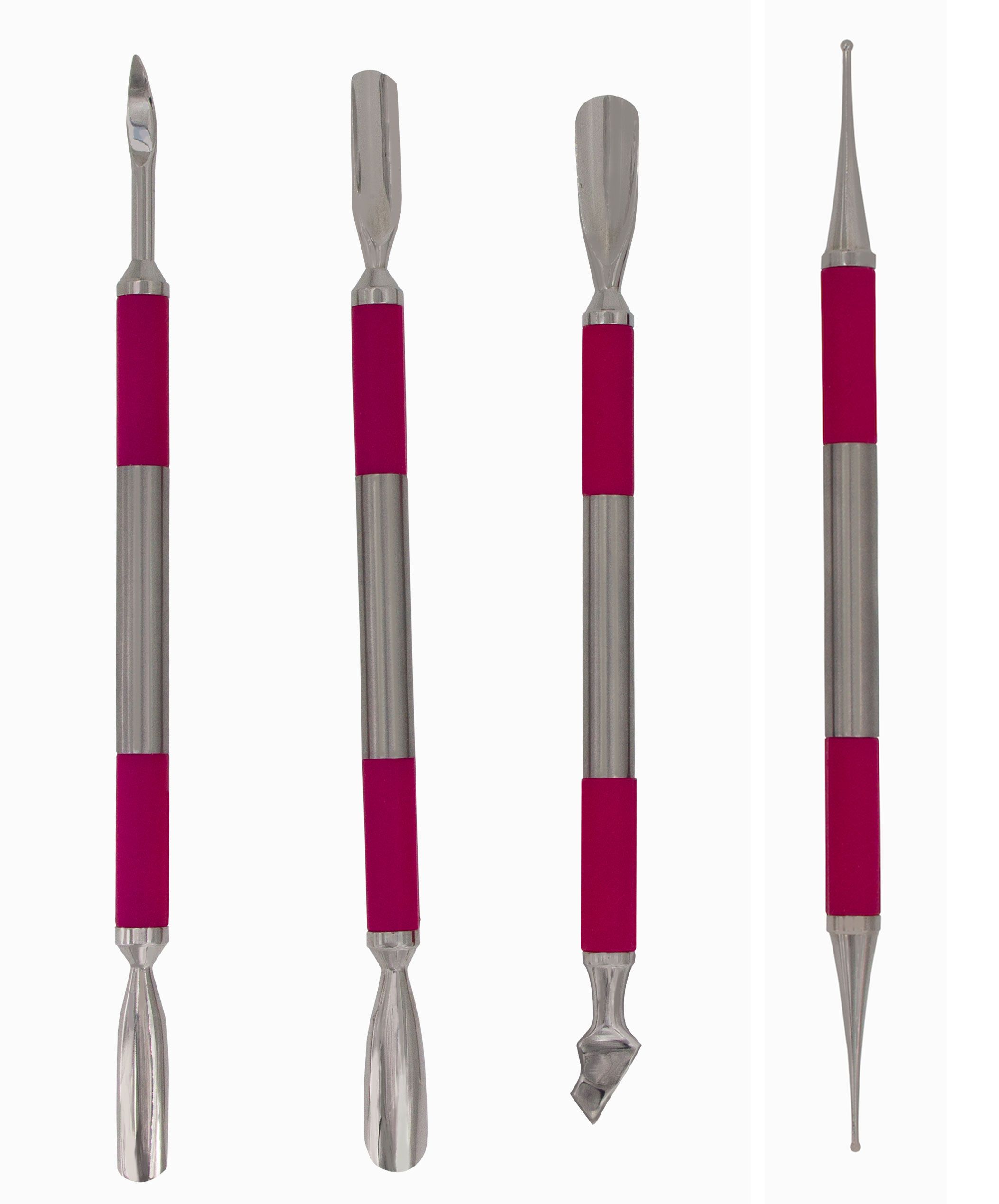Vier Maniküre-Werkzeuge. Metall, pinkfarbener Griff. Verschiedene Spitzenformen: Schaber, Pusher, Reiniger, Spitze.