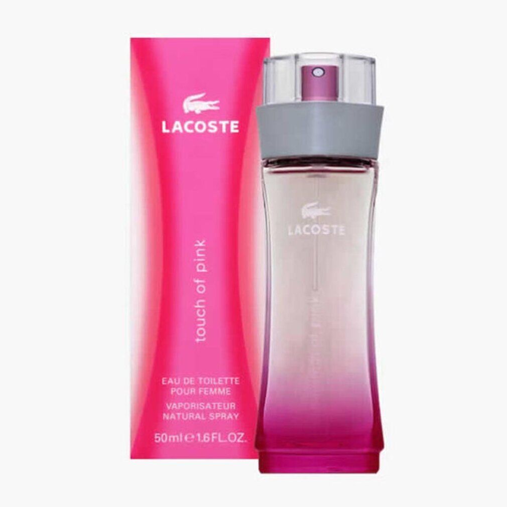 Flakon und Verpackung Lacoste Touch of Pink. Pinke Verpackung neben Flakon. Logo und Schriftzug. Text: Eau de Toilette, 50ml.