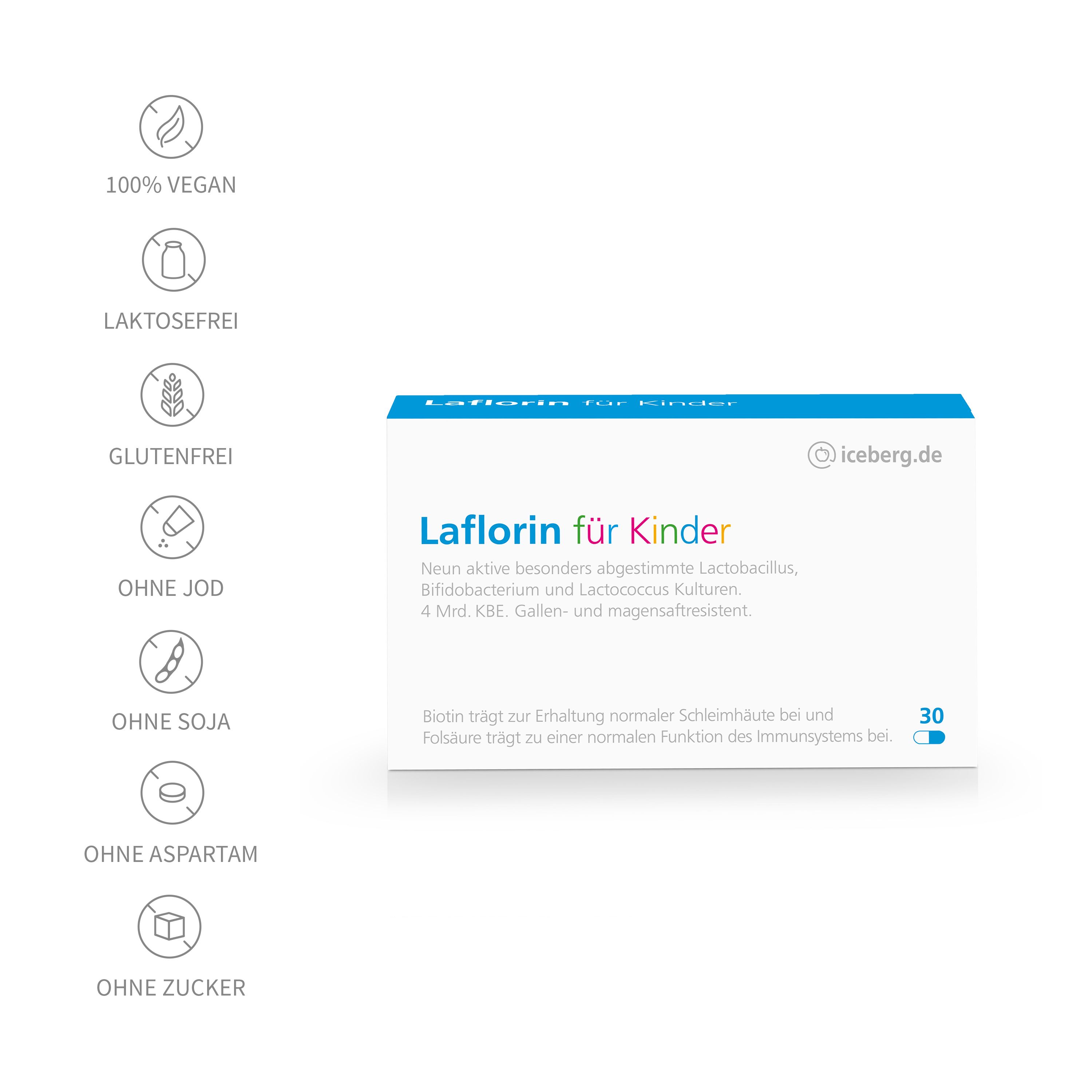Laflorin für Kinder-Verpackung. Weiße Verpackung mit blauer Schrift. Logos: 100% vegan, laktosefrei, glutenfrei, ohne Jod, Soja, Aspartam, Zucker.