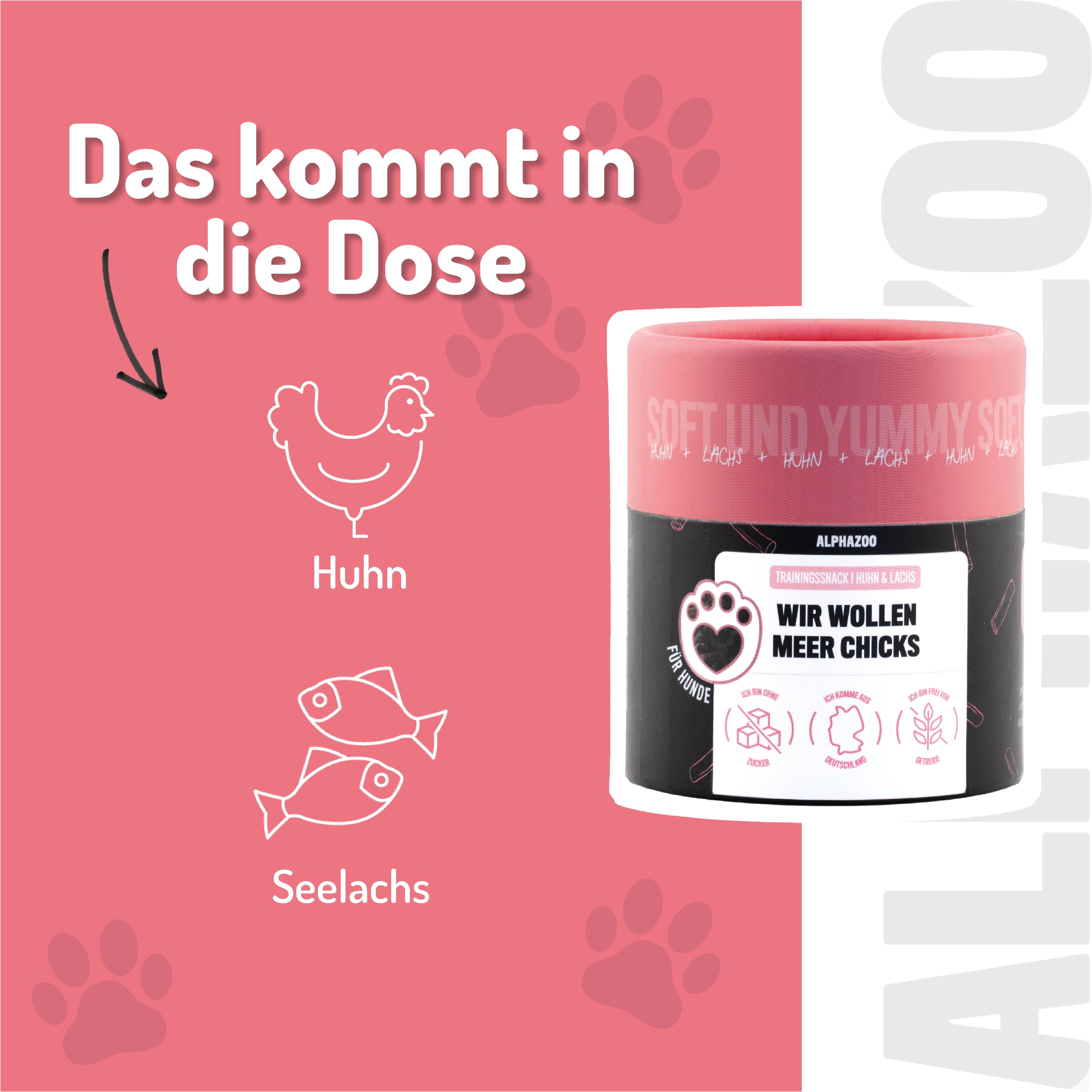 Rosa Hintergrund mit Illustrationen von Huhn und Seelachs. Dose mit 'Wir wollen Meer Chicks'. Text: 'Das kommt in die Dose'.