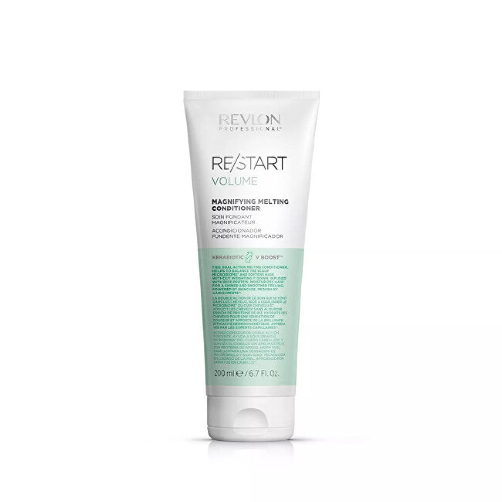 Tube Revlon Re/Start Volume Magnifying Melting Conditioner. Weißes Tube mit grünen und schwarzen Details.