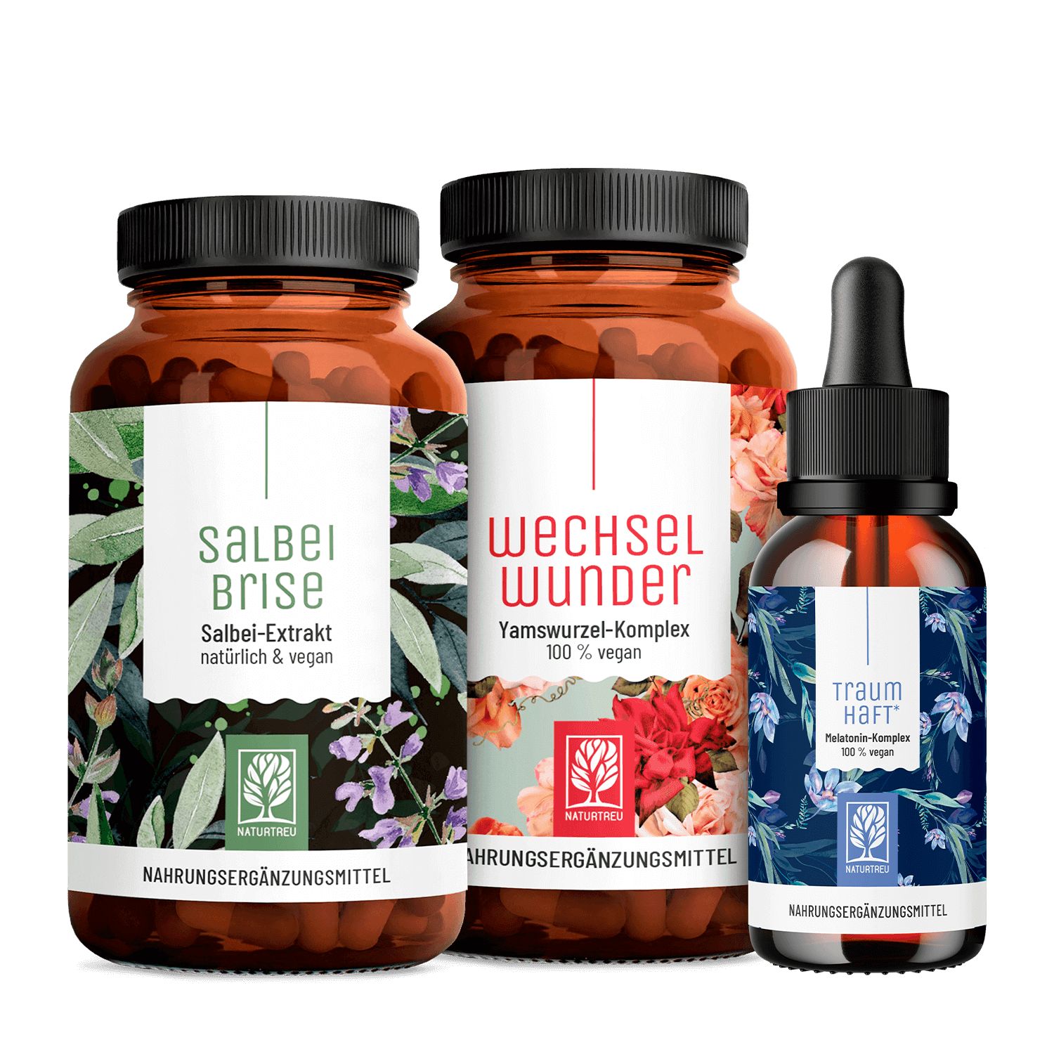 Drei braune Glasflaschen mit schwarzen Deckeln. Aufschrift: SALBEIBRISE, WECHSELWUNDER, TRAUMHAFT. Naturtreu Logo.